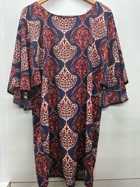 Tracy Negoshian Navy & Rust Paisley Midi Dress with Bell Sleeves